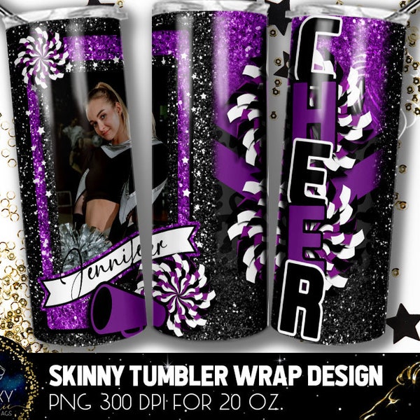 Add Photography Cheer Tumbler Design, Cheerleader Photo Tumbler, 20 Oz. Skinny Tumbler Wrap Sublimation, Black Purple Cheer Tumbler