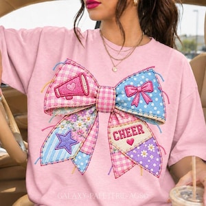 Cheer Megaphone Bow PNG, Pastel Patchwork Cheerleader Bow, Stitched Fabric Sublimation Design, Team Spirit Clipart