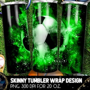 May include: A skinny tumbler wrap design featuring a green galaxy with a white football in the centre. The design is for a 20 ounce tumbler and is 300 DPI.