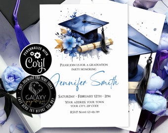 Editable Blue Graduation Invitation, Floral Graduation Invitation, Blue Graduation Invitation, High school grad or College Invitation