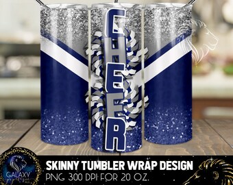 Cheer Tumbler Design, Cheerleader Leopard Tumbler, 20 Oz. Skinny Tumbler Wrap Sublimation, Blue Silver Cheer Tumbler