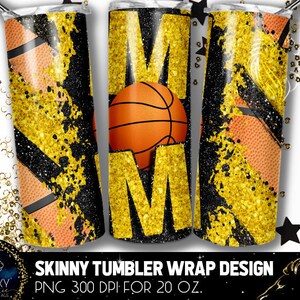 Basketball Mom Tumbler Design, Basketball Mom Black Yellow Glitter Tumbler Design, 20 Oz. Skinny Tumbler, Basketball Mom Brush Strokes