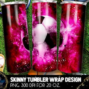 May include: A pink and white galaxy design with a football in the centre. This design is for a 20 oz skinny tumbler wrap. PNG 300 DPI.