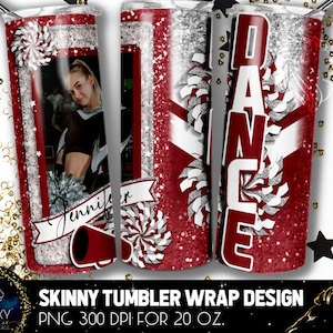 Fotografie jubeln Tanzbecher-Design, kastanienbrauner Cheerleader-Fotobecher, 20 Oz. Skinny Tumbler Wrap Sublimation, Maroon Cheer Dance