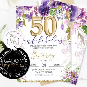 Bearbeitbare 50. Geburtstagseinladung, erröten Sie Blumen-bearbeitbare Einladung, lila Blumen-Frauen-Geburtstags-Einladung, bearbeitbare Einladung Corjl