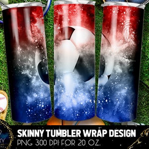 May include: Three skinny tumblers with a soccer ball design. The design has a red, white, and blue colour scheme with a smoky effect. The tumblers are 591 ml in size and are suitable for sports enthusiasts.