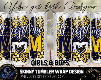 Wrestling Mom Tumbler Design, Wrestling Mom Leopard Tumbler, 20 Oz. Skinny Tumbler Wrap Sublimation, Blue Yellow Wrestling Mom Tumbler