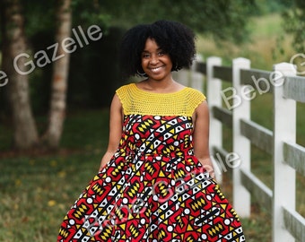 African Print Ankara Crochet Dress, A-Line Dress With Belt and Pockets, Ankara African Print Summer Dress,Mommy and Me African Crochet Dress