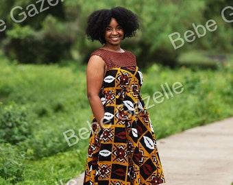 African Print Ankara Crochet Dress, A-Line Dress With Belt and Pockets, Ankara African Print Summer Dress,Mommy and Me African Crochet Dress