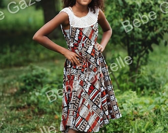 African Print Ankara Crochet Dress, A-Line Dress With Belt and Pockets, Ankara African Print Summer Dress,Mommy and Me African Crochet Dress