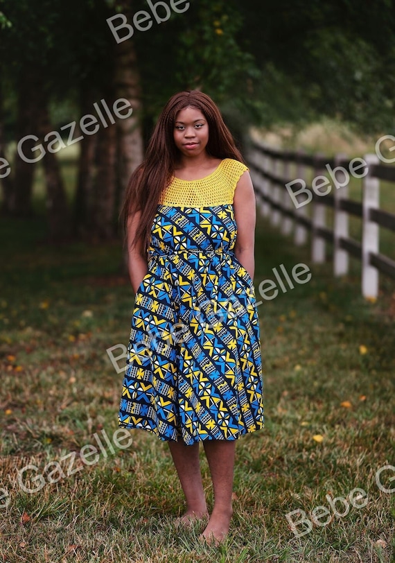 African Print Ankara Crochet Dress A Line Dress With Belt and Pockets Ankara African Print Summer Dress Mommy and Me African Crochet Dress