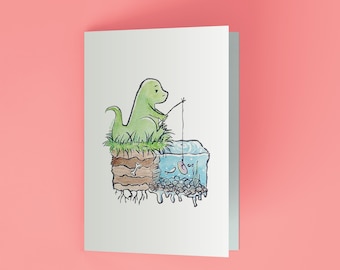 Watercolor Fishing Dino Greeting Card - Handmade T-Rex Stationery