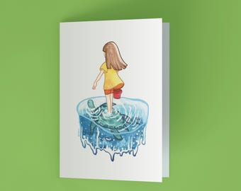Watercolor Turtle Girl Greeting Card - Handmade Stationery Gift