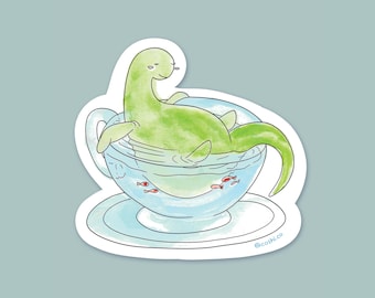 Nessie Tea Cup Sticker – Funny Loch Ness Monster, Watercolor Style