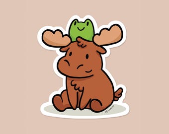 Mossy and Toulouse - Vinyl frog and moose Sticker, Funny Animal, Laptop Sticker, Planner Sticker, Book Sticker, Cute, The Moosery