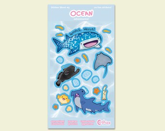 Sticker Sheet Ocean Mix - Vinyl Stickers, Funny Animal, Laptop Sticker, Planner Sticker, Book Sticker, Cute, Fun, Multi Pack, Fish, Ocean