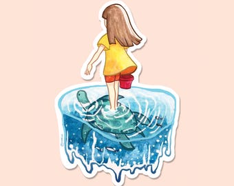 Turtle Girl Vinyl Sticker - Watercolor Style, Funny Animal