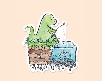 Fishing Dino Vinyl Sticker - Cute Aesthetic Dinosaur Accessory Funny Meme Animal Laptop Water bottle Sticker Art Dino