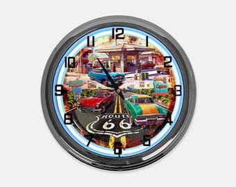 18" Route 66 Gas Metal Sign Designed White Neon Clock- SIGNBOX-QLN720480