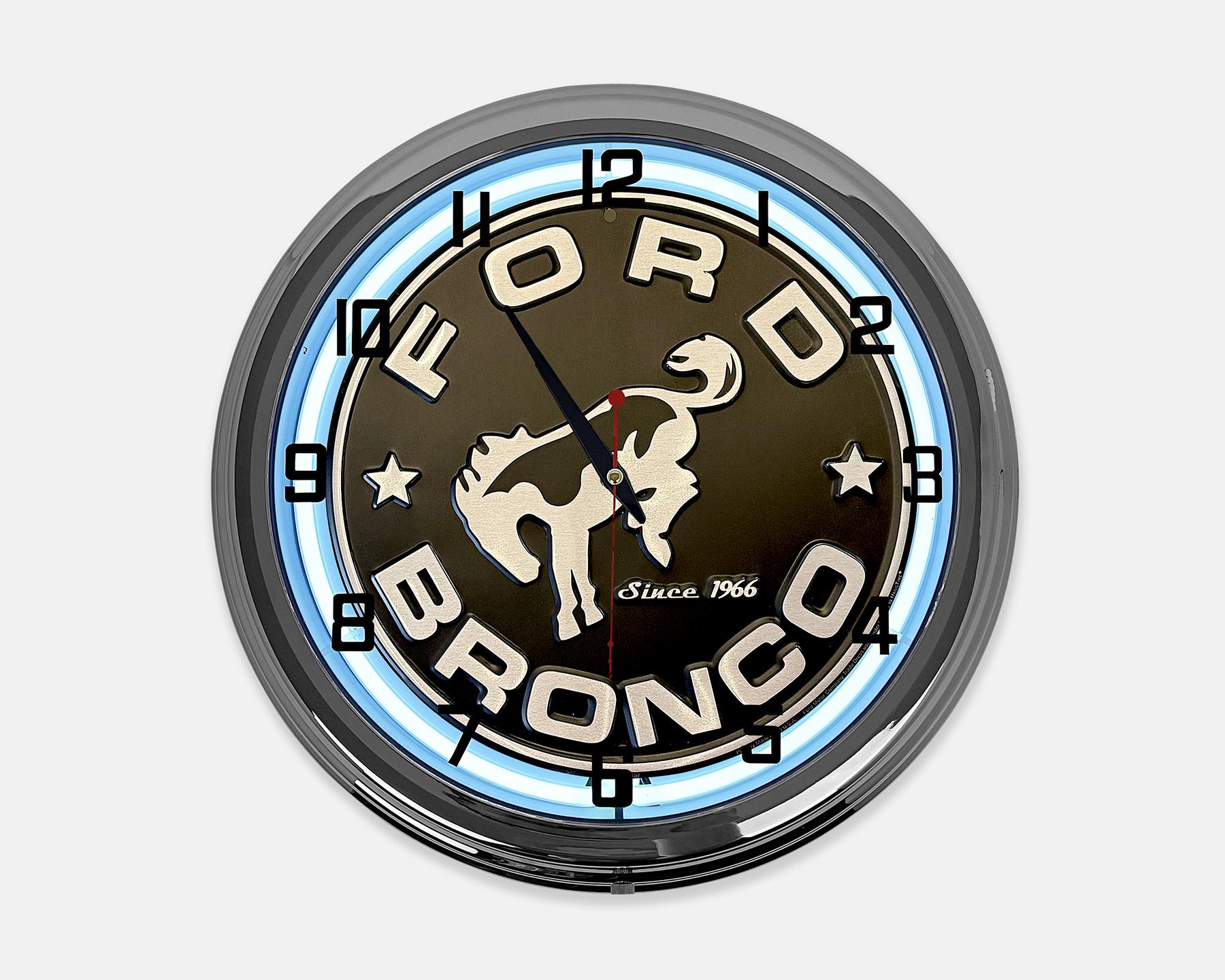 Ford Bronco Neon Light Up Wall Clock - White & Blue - Chrome Trim - Garage Man Cave