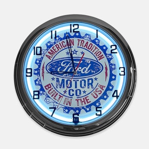 18&quot; Ford Motor Company American Tradition Built in The USA Metal Sign Designed White Neon Clock - SIGNBOX-QLN720361