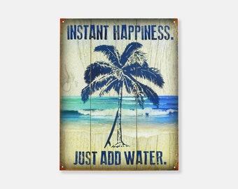 16" Instant Happiness Just Add Water Beach Palm Tree Surfboard Tin Metal Sign - SIGNBOX-QLN720411