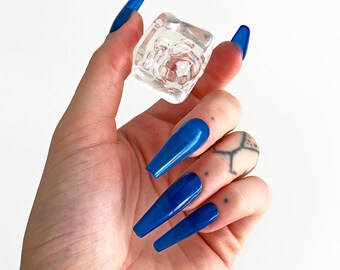 Jelly Glue on Nails | Electric Blue Party Nails | 24 Handmade Glue on Nails