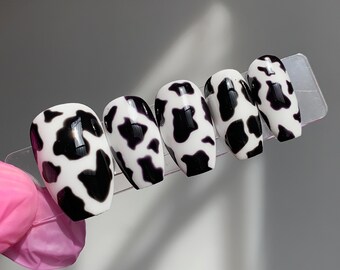 Cow Print Press on Nails | Animal Print Long Nails | 24pcs Glue on Nails