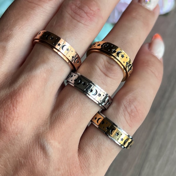 Maanster zilveren fidget ring spinner ring, angst galaxy ring, titanium ring voor haar dames ringen sieraden