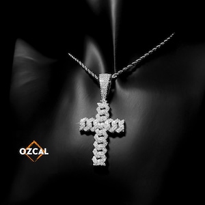 VVS1 Moissanite Cuban Link Cross Pendant, Lab Grown Iced Out Cross Necklace, 925 Sterling Silver Chain, Custom Finish Made in USA Gift