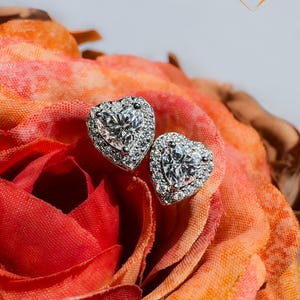 Moissanite heart cut silver halo stud earrings with screw backs, Waterproof earrings, Lab grown diamond earrings studs, Bridal jewelry set
