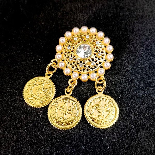 Brooch Kurdish Lira Coin Gold Plated Pendant Wedding Jewelry Bridal Brooch