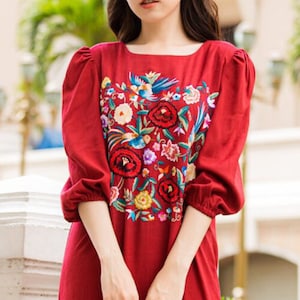 Embroidered linen dress with phoenix and flower for women, tinythingsmadeuhappy