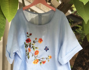 Embroidered blouse for woman with flowers and butterfly, hand embroidery linen blouse, tinythingsmadeuhappy