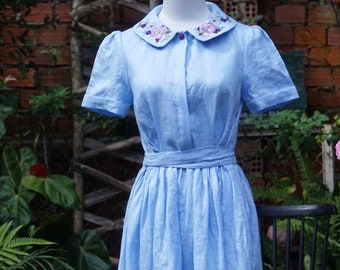 Peter pan collar embroidered linen dress with short sleeves for women, made to order dress, tinythingsmadeuhappy