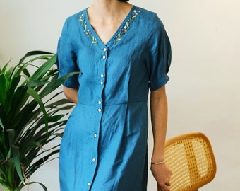 Embroidered linen dress on neckline, handmade dress for woman, tinythingsmadeuhappy