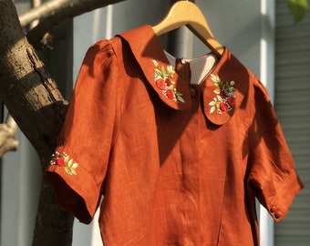 Caramel dress with hand embroidery on the collar and short sleeves, Peter pan collar embroidered linen dress for women, tinythingsmadeuhappy