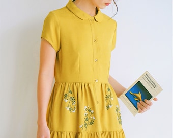 Yellow linen dress with little flowers, hand embroidered dress for woman, tinythingsmadeuhappy