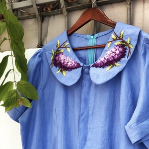 Lilac embroidered on the collar of dress, Peter pan collar linen dress with short sleeves, made to order dress, tinythingsmadeuhappy