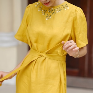 Handmade Embroidered Linen Dress: Floral Neckline, Soft & Breezy