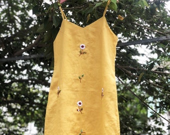Yellow Linen Slip Dress: Hand Embroidered Daisy Flower Pattern