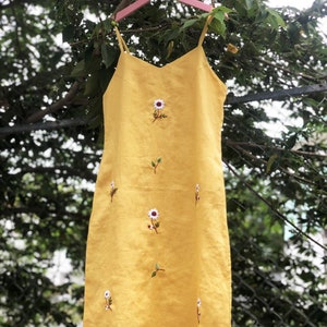 Yellow linen slip dress with hand embroidered daisy flower pattern, linen dress for women, tinythingsmadeuhappy