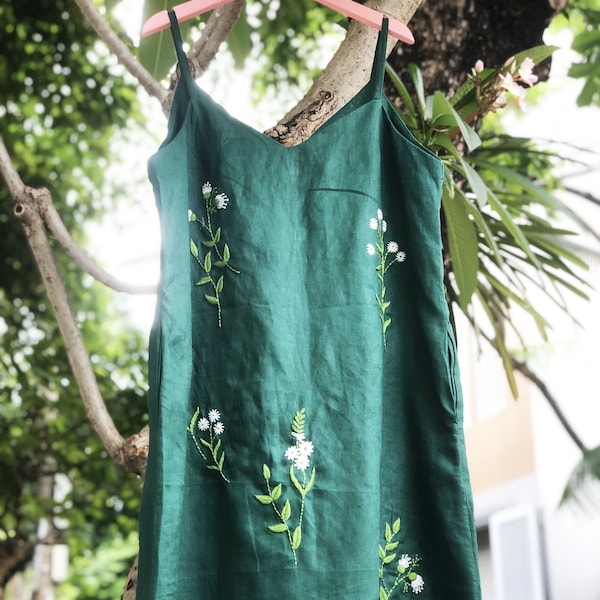Floral embroidered linen slip dress, hand embroidery dress for women, tinythingsmadeuhappy