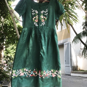 Green linen dress with hand embroidery, flower embroidered dress, tinythingsmadeuhappy