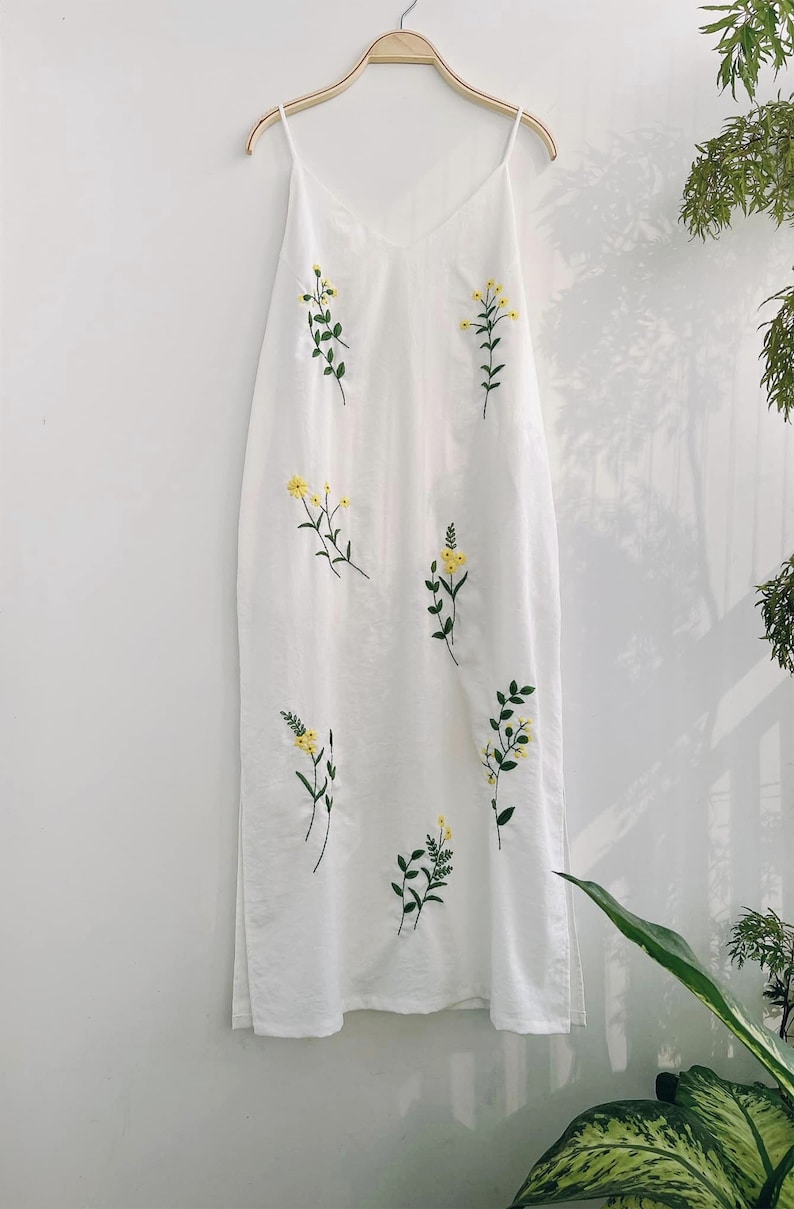 Floral embroidered linen slip dress, hand embroidery dress for women, tinythingsmadeuhappy White