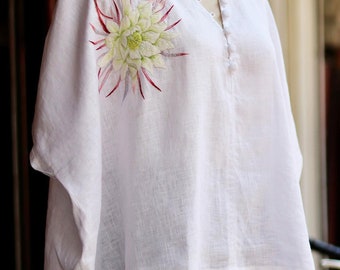 Night blooming cereus blouse for woman, hand embroidered linen blouse, tinythingsmadeuhappy