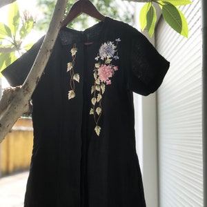 Unique black linen dress with embroidered climber tree and hydrangea, embroidered dress for woman, tinythingsmadeuhappy image 8