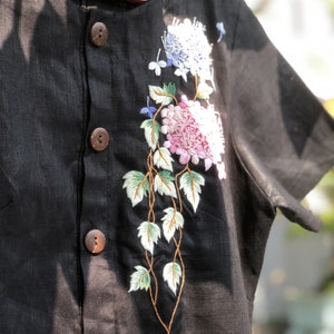 Unique black linen dress with embroidered climber tree and hydrangea, embroidered dress for woman, tinythingsmadeuhappy image 6