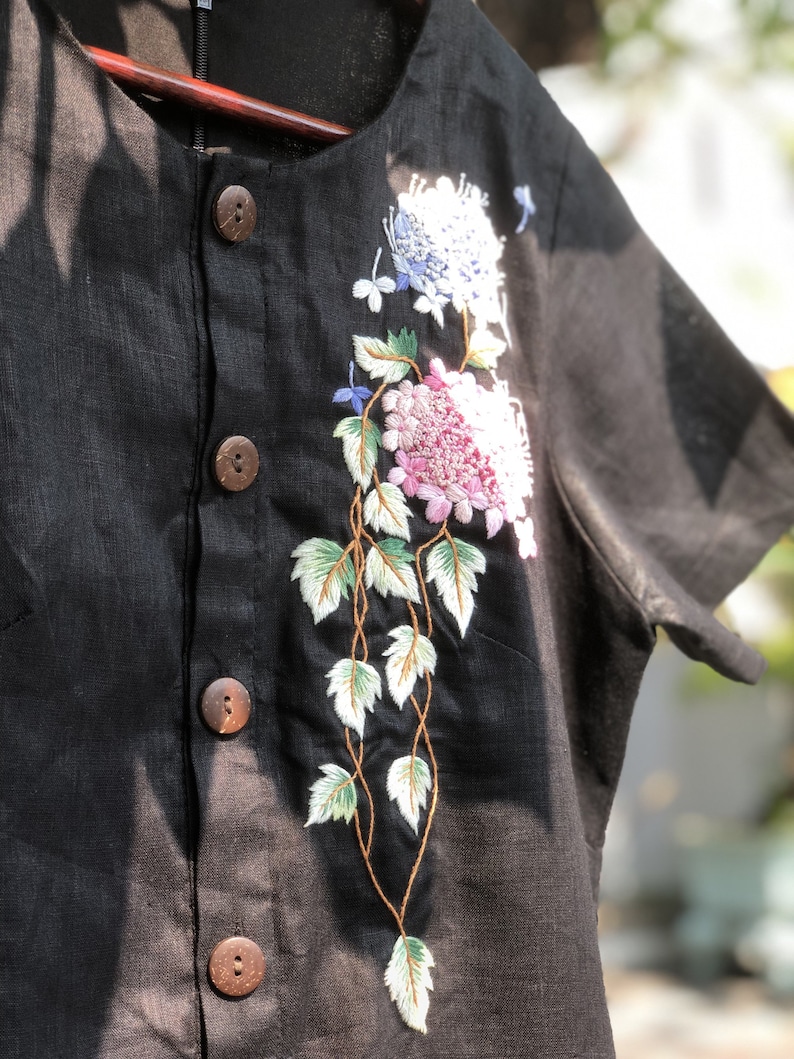 Unique black linen dress with embroidered climber tree and hydrangea, embroidered dress for woman, tinythingsmadeuhappy image 6