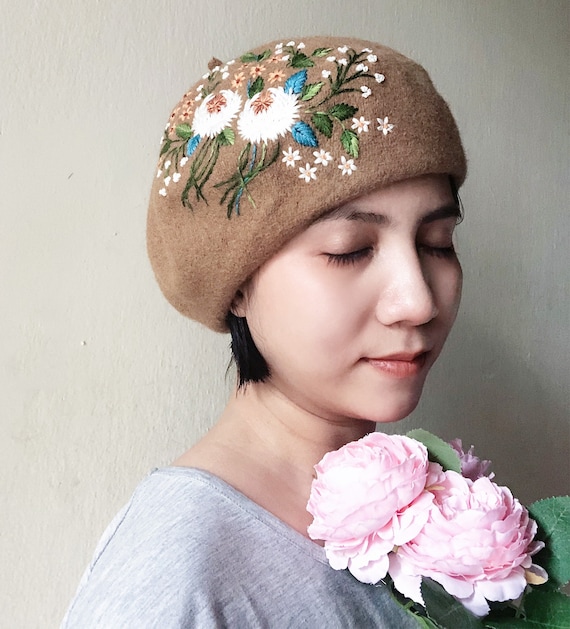 Handmade/ hand embroidered wool hat for women Buy Hand Embroidered Floral Beanie, Custom Beanie, Wool Hat  main image 2